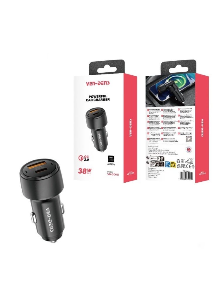 فين ديونز شاحن سيارة VEN-DENS بقوة 38 واط بمنفذي USB مع تقنية الشحن السريع QC 3.0 للهواتف الذكية والأجهزة اللوحية - Image 1